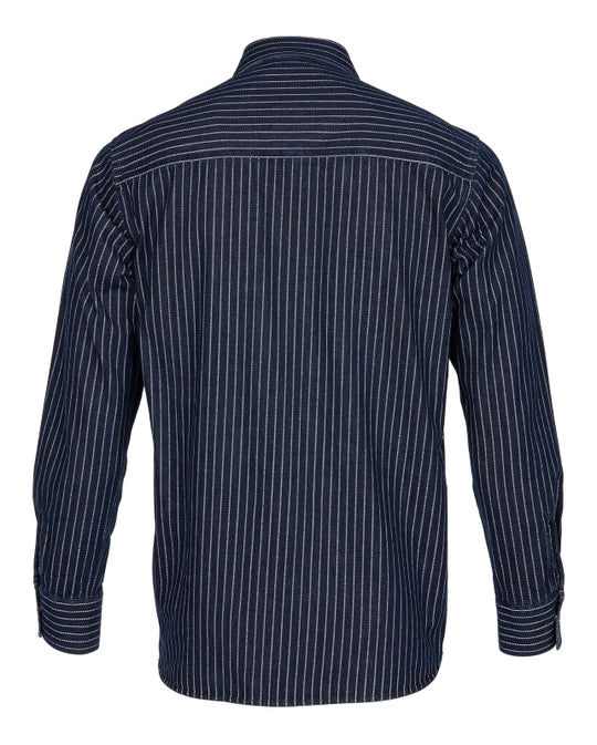 Back view of the Pike Brothers 1937 Roamer Shirt in blue Wabash denim.
