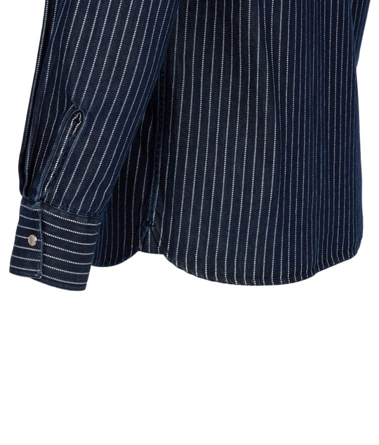 Close-up of the cuff and sleeve detailing on the Pike Brothers 1937 Roamer Shirt in blue Wabash denim.