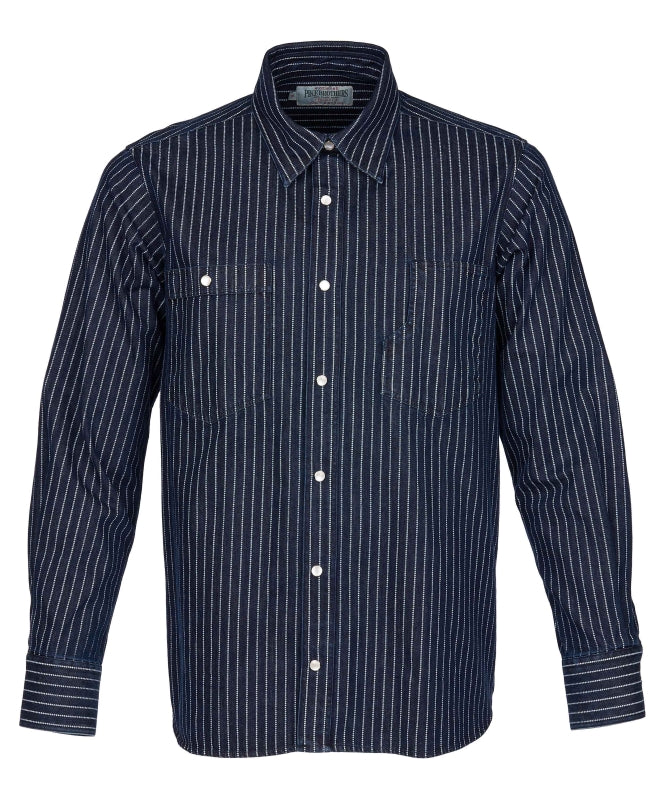 Front view of the Pike Brothers 1937 Roamer Shirt in blue Wabash denim.
