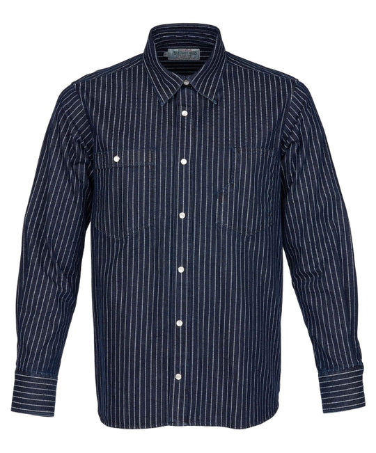 Front view of the Pike Brothers 1937 Roamer Shirt in blue Wabash denim.