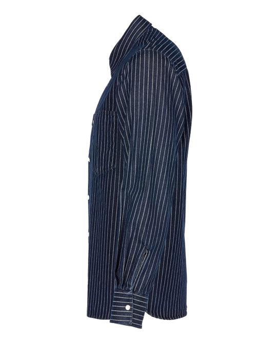 Side view of the Pike Brothers 1937 Roamer Shirt in blue Wabash denim.