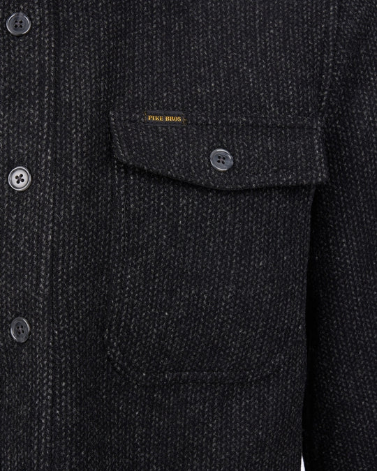 Close-up of the Pike Brothers 1943 CPO Shirt Atlanta Grey chest pocket and button detail