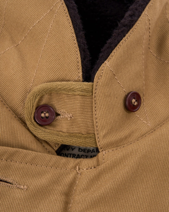 Collar and Button Detail on the Pike Brothers 1943 N1 Deck Jacket in Desert Tobacco Brown