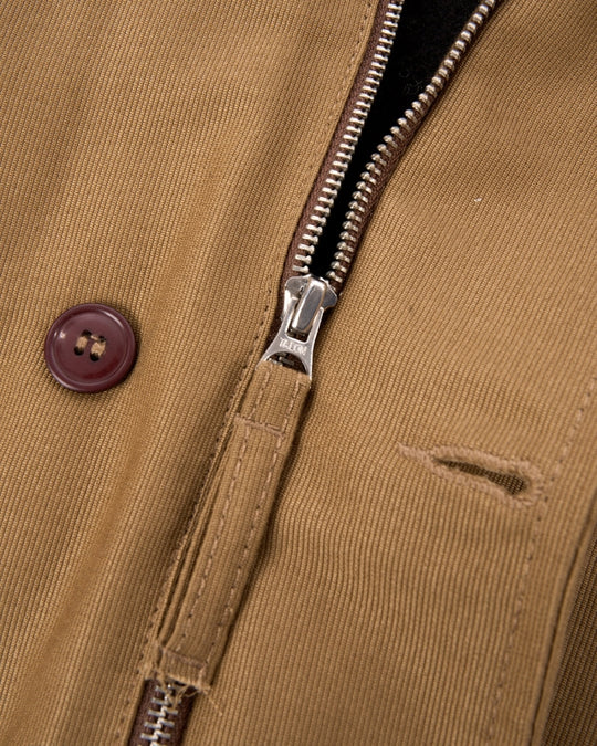 Zip and Button Detail on the Pike Brothers 1943 N1 Deck Jacket in Desert Tobacco Brown