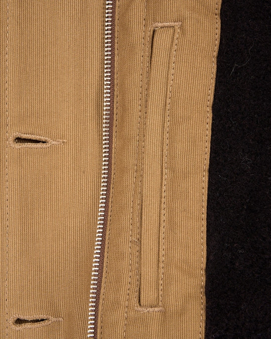 Inner Zip and Storm Placket Detail on the Pike Brothers 1943 N1 Deck Jacket in Desert Tobacco Brown