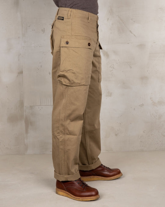 Side view of Pike Brothers 1944 Monkey Pant in Olive showing waist and hips