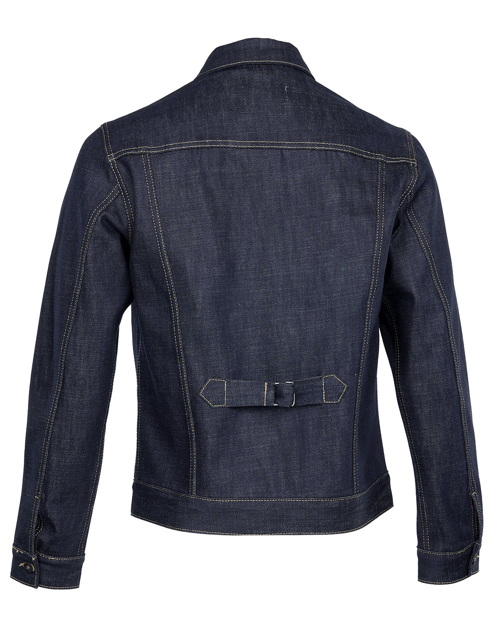 Back view of Pike Brothers 1958 Roamer Jacket in indigo denim on white background, showing cinch back strap and contrast stitching