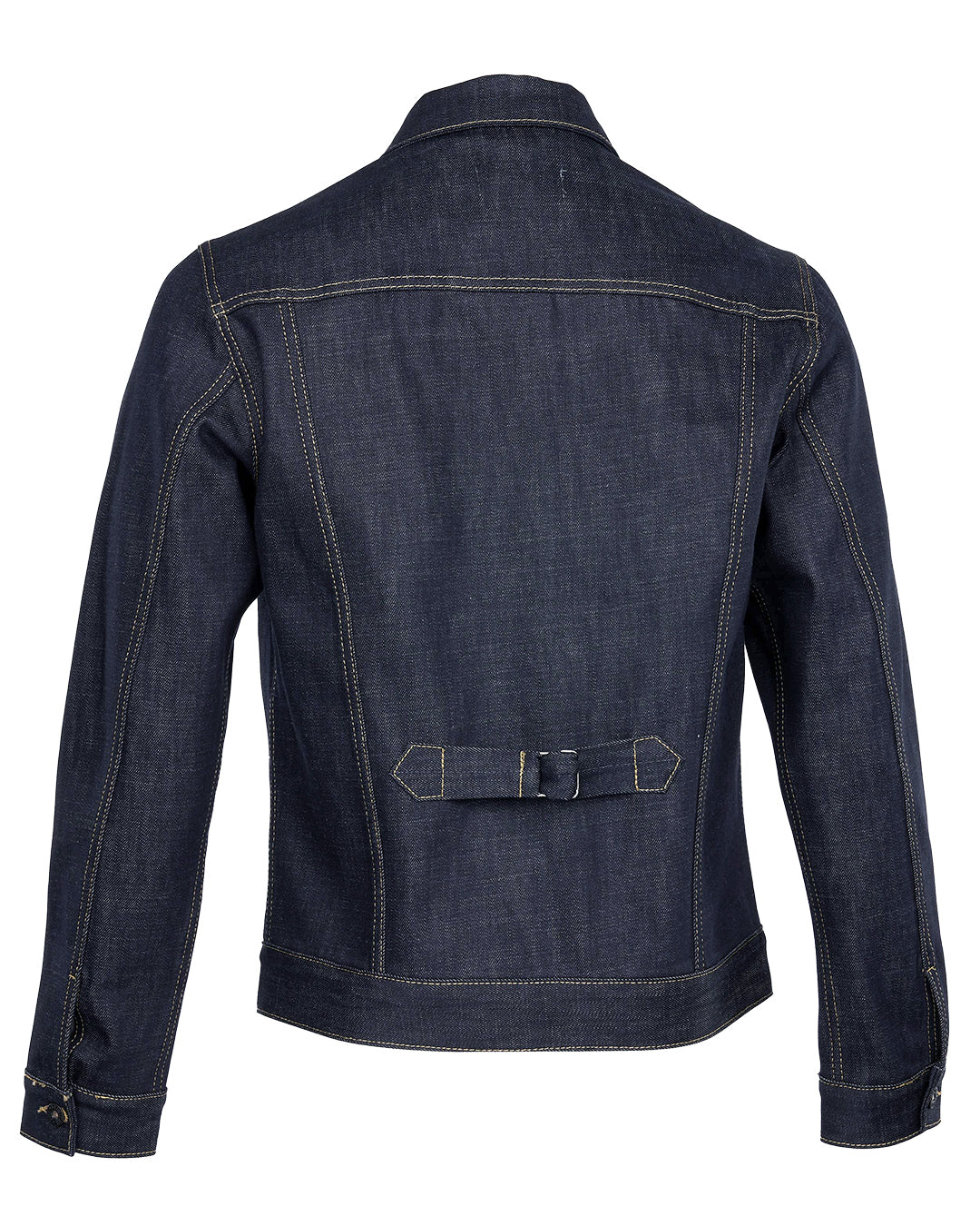 Back view of Pike Brothers 1958 Roamer Jacket in indigo denim on white background, showing cinch back strap and contrast stitching