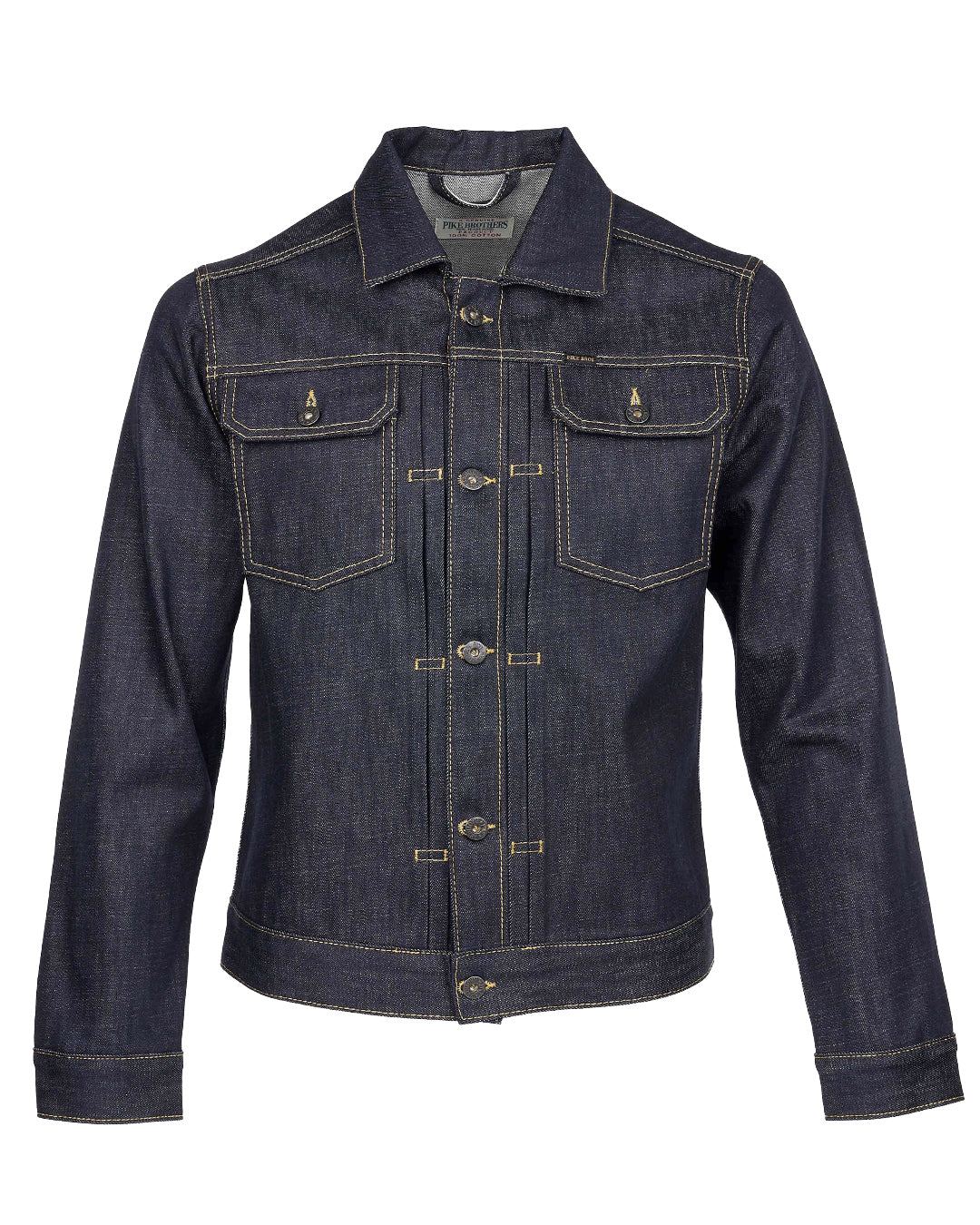 Front view of Pike Brothers 1958 Roamer Jacket in 15oz indigo denim with contrast yellow stitching, button closure, front pockets, collar and sleeves