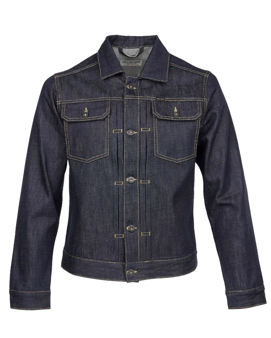 Front view of Pike Brothers 1958 Roamer Jacket in 15oz indigo denim with contrast yellow stitching, button closure, front pockets, collar and sleeves