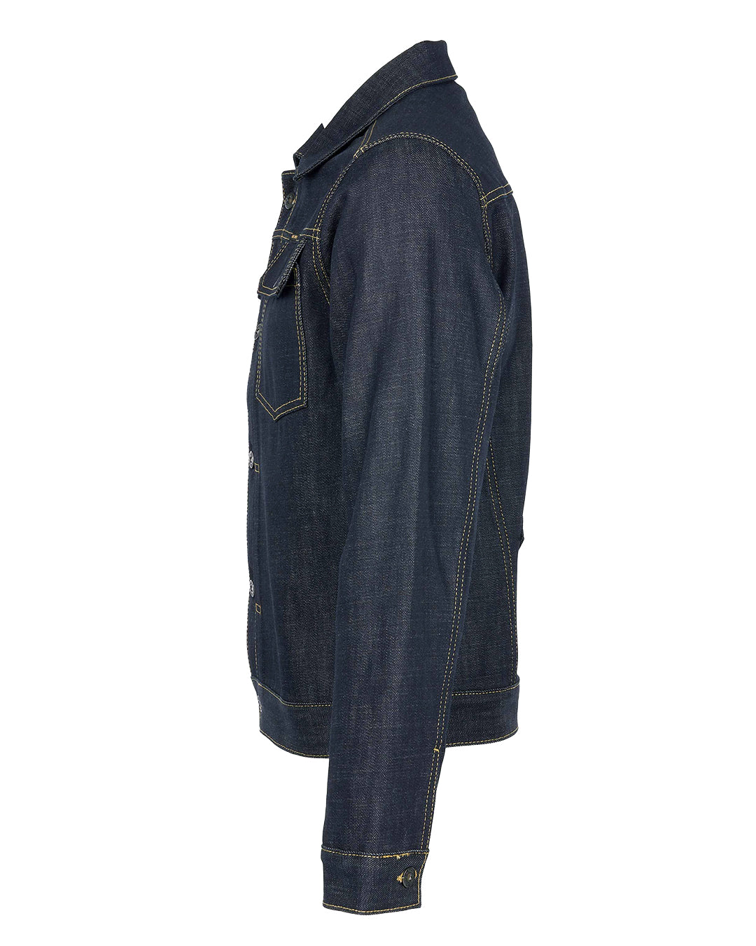Side view of Pike Brothers 1958 Roamer Jacket in 15oz indigo denim on white background