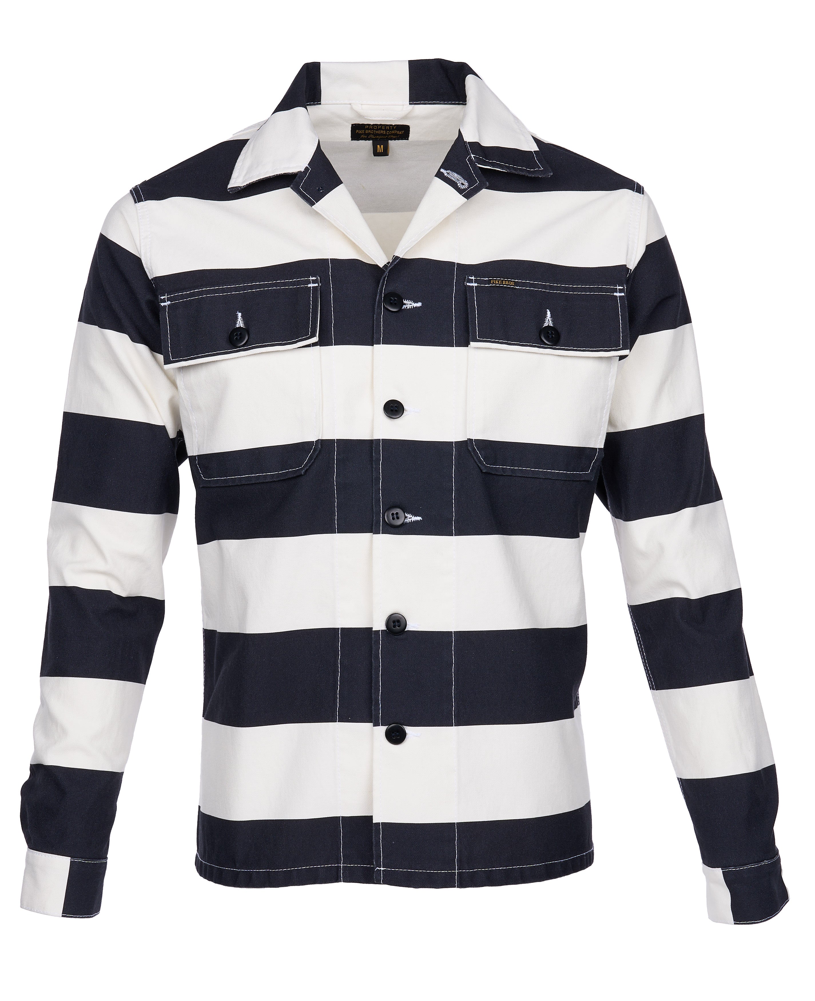 Front view of Pike Brothers 1962 OG-107 Shirt – Alcatraz White with black and white stripes on white background