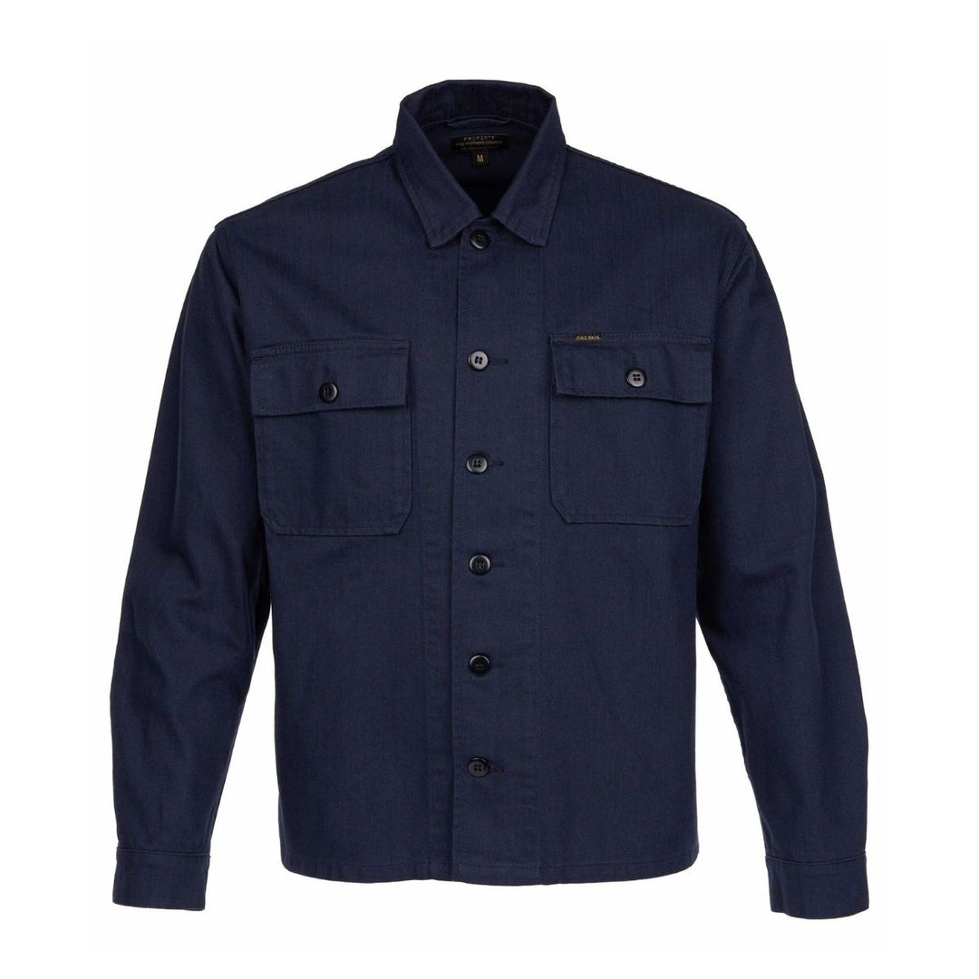 Pike Brothers 1962 OG-107 shirt navy front view men’s military-style overshirt with button fastening and chest pockets