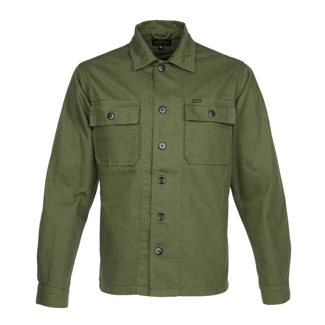 Pike Brothers 1962 OG-107 shirt olive front view men’s military-style overshirt with button fastening and chest pockets
