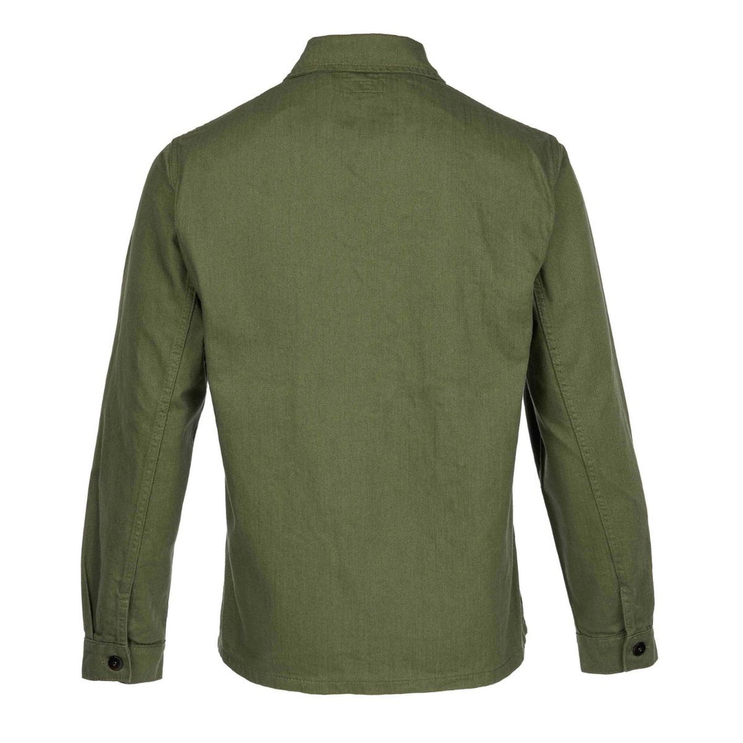 Pike Brothers 1962 OG-107 shirt olive rear view men’s military-style overshirt showing back detail and fit
