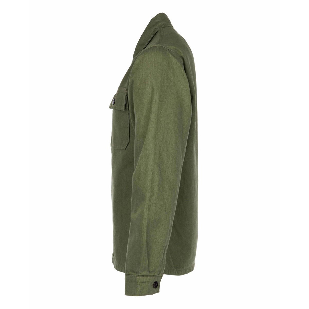 Pike Brothers 1962 OG-107 shirt olive side view men’s military-inspired overshirt in green cotton fabric