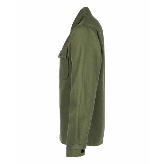 Pike Brothers 1962 OG-107 shirt olive side view men’s military-inspired overshirt in green cotton fabric