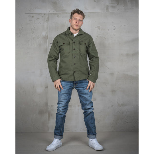 Pike Brothers 1962 OG-107 shirt olive full body lifestyle image worn with denim and white trainers showing overall fit
