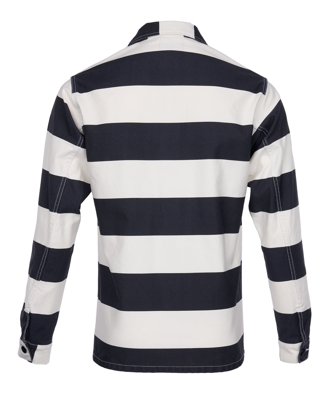 Back view of Pike Brothers 1962 OG-107 Shirt – Alcatraz White with black and white stripes on plain white background