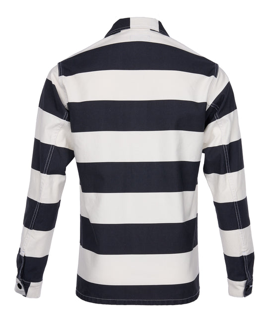 Back view of Pike Brothers 1962 OG-107 Shirt – Alcatraz White with black and white stripes on plain white background