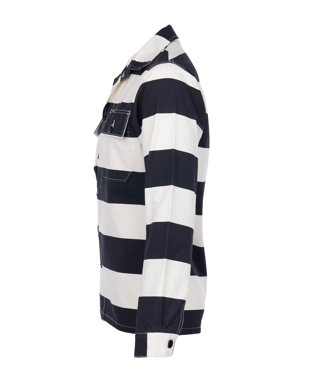 Side view of Pike Brothers 1962 OG-107 Shirt – Alcatraz White with black and white stripes on plain white background