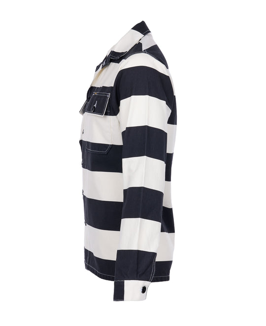 Side view of Pike Brothers 1962 OG-107 Shirt – Alcatraz White with black and white stripes on plain white background