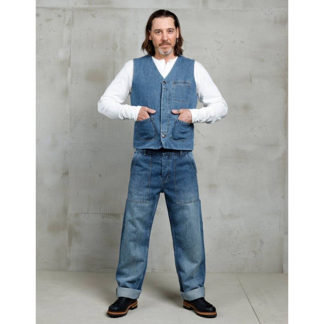 Pike Brothers 1967 utility trousers blue lifestyle image worn with matching vest full outfit studio view