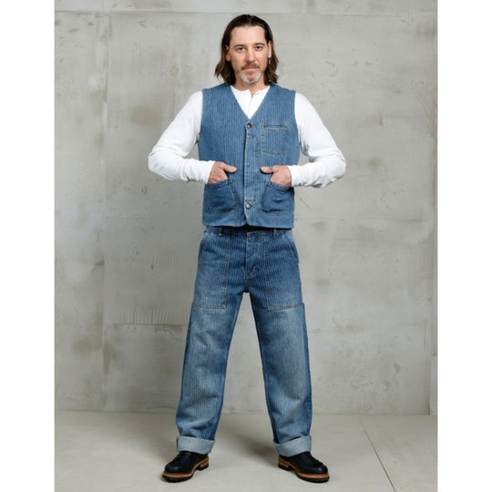 Pike Brothers 1967 utility trousers blue lifestyle image worn with matching vest full outfit studio view