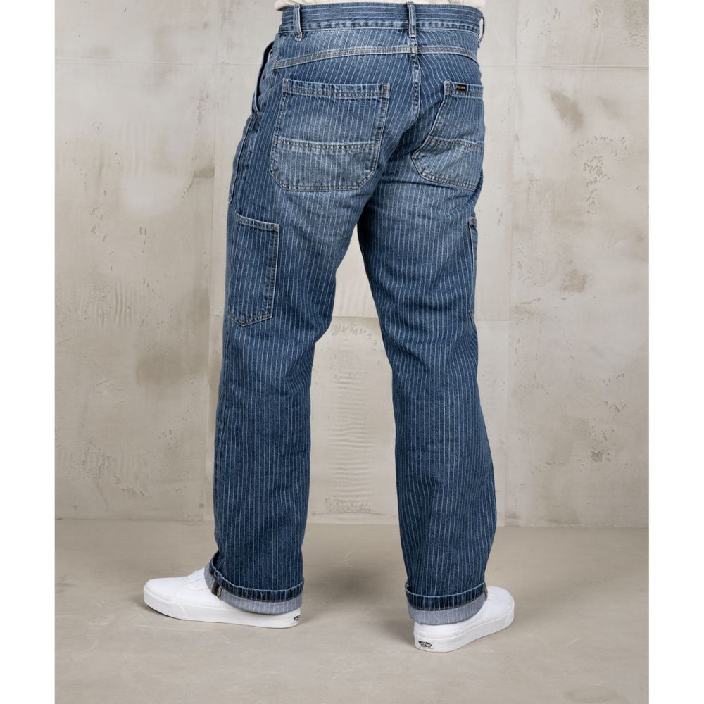 Pike Brothers 1967 utility trousers blue rear view showing striped denim fabric and back pocket workwear detailing