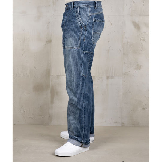 Pike Brothers 1967 utility trousers blue side view highlighting striped denim fabric and utility pocket detailing