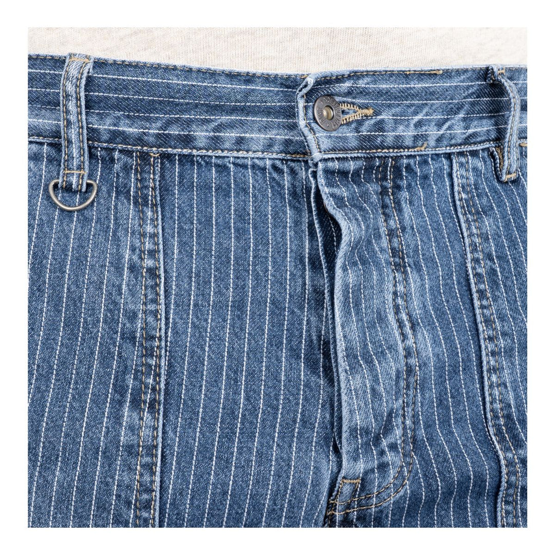 Pike Brothers 1967 Utility Trousers Blue Wabash Rinsed waistband detail with D-ring and stripe denim