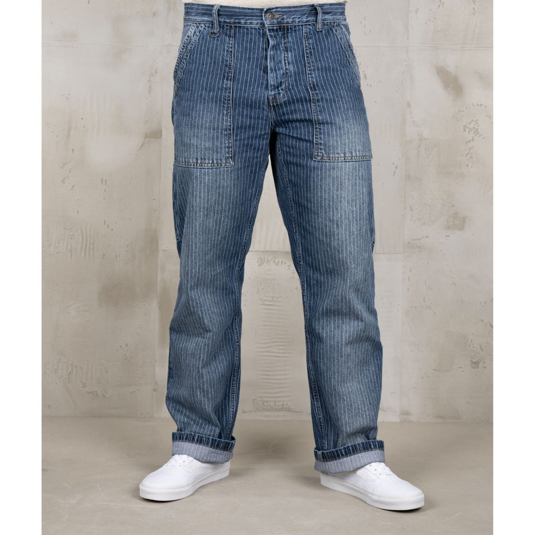 Pike Brothers 1967 utility trousers blue front view showing striped denim fabric and classic workwear fit