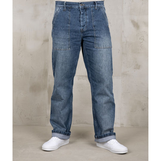 Pike Brothers 1967 utility trousers blue front view showing striped denim fabric and classic workwear fit