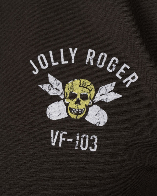 Close-up of breast print on Pike Brothers 1969 Jolly Roger Tee in Black – small front chest graphic detail