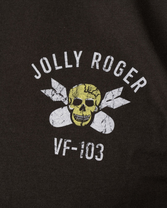 Close-up of breast print on Pike Brothers 1969 Jolly Roger Tee in Black – small front chest graphic detail