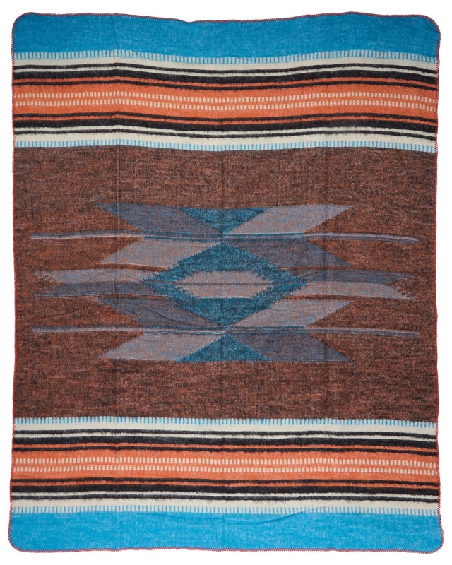 Pike Brothers 1969 La Mesa Blanket – flat front view in blue, orange, dark brown, and cream with 1920s Mexican-style textile pattern
