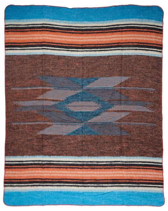 Pike Brothers 1969 La Mesa Blanket – flat front view in blue, orange, dark brown, and cream with 1920s Mexican-style textile pattern