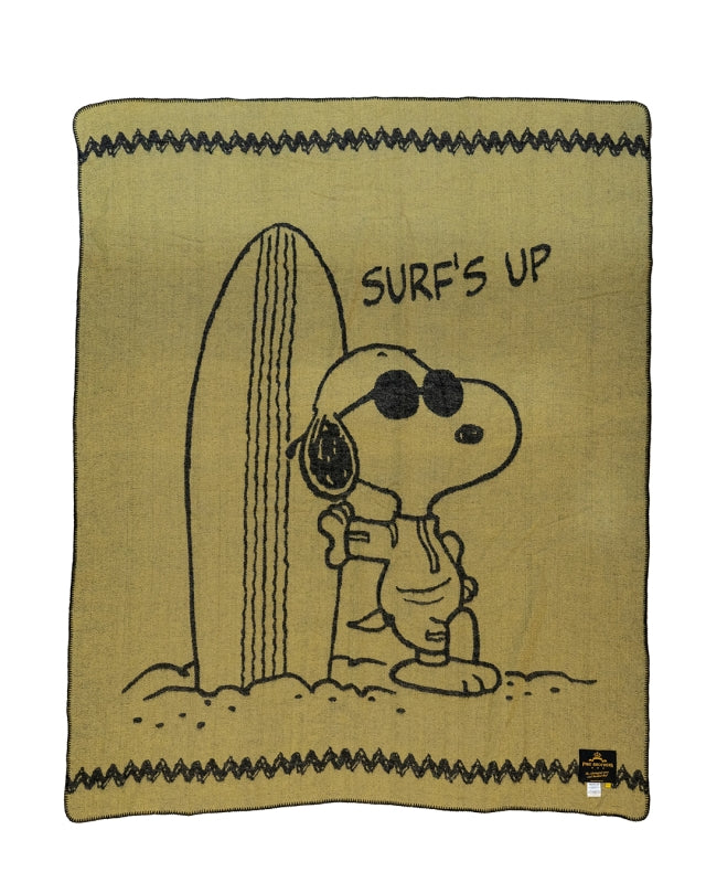 Pike Brothers 1969 Snoopy Blanket – flat view with light brown background, large Snoopy and surfboard graphic, black zig-zag border top and bottom