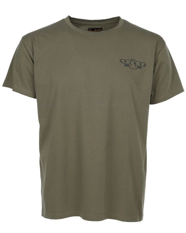 Pike Brothers 1969 Sports Tee Eagle in Olive – front view showing black print on olive cotton, white background