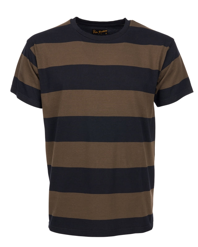 Front view of Pike Brothers 1969 Sports Tee in Rockledge Olive on white background showing wide black and olive old-school stripes