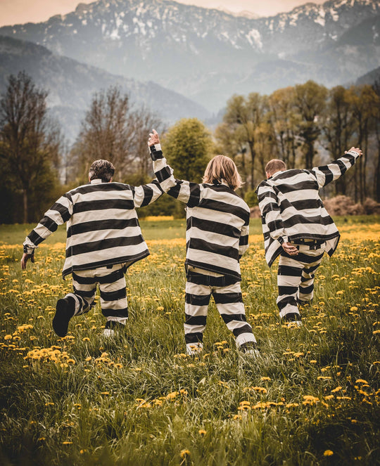 Back view of three models wearing Pike Brothers Alcatraz striped shirts and trousers, standing in a summer meadow with mountains in the background