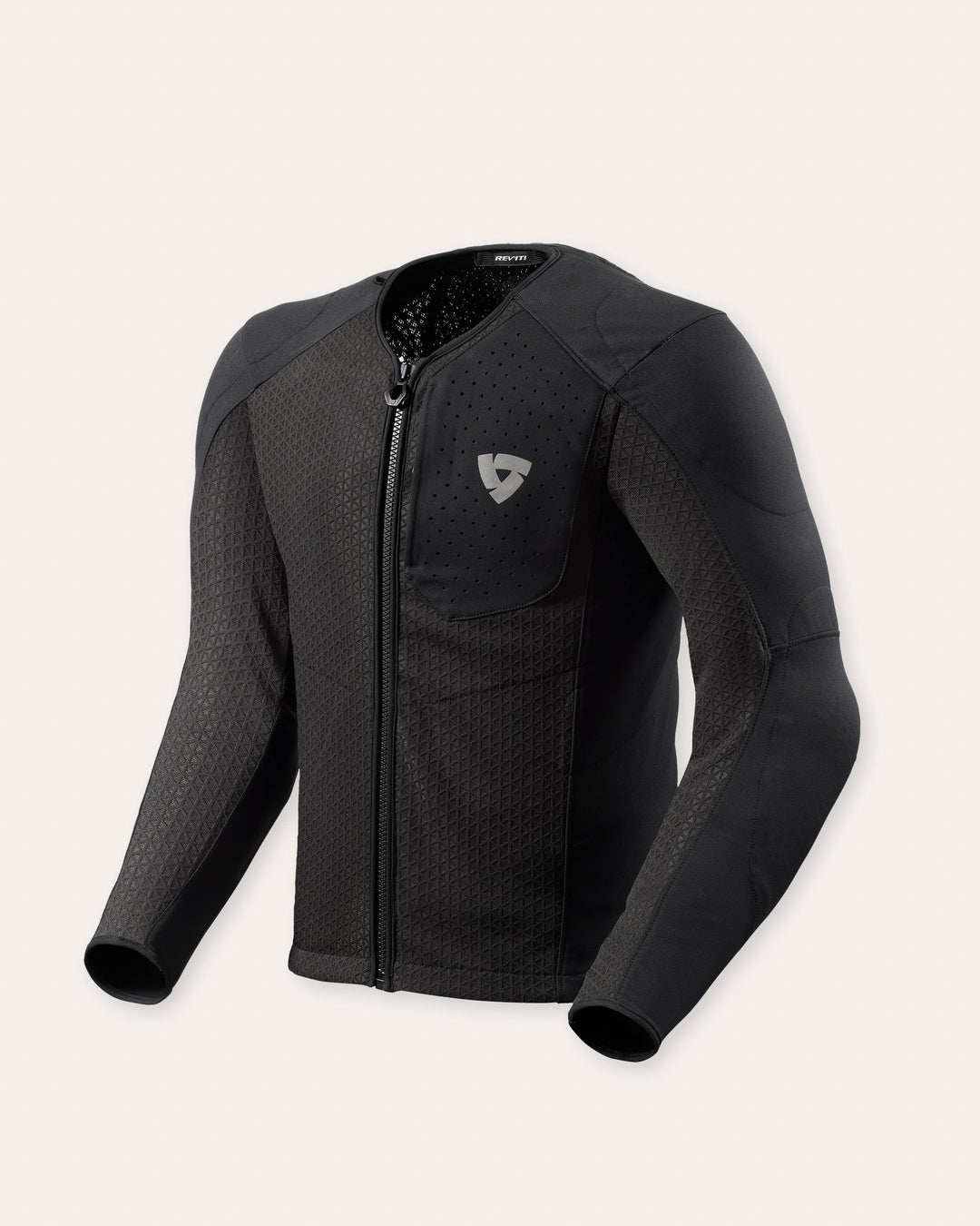 Front view of REV’IT! Nucleus protector jacket in black with zip closure and chest logo