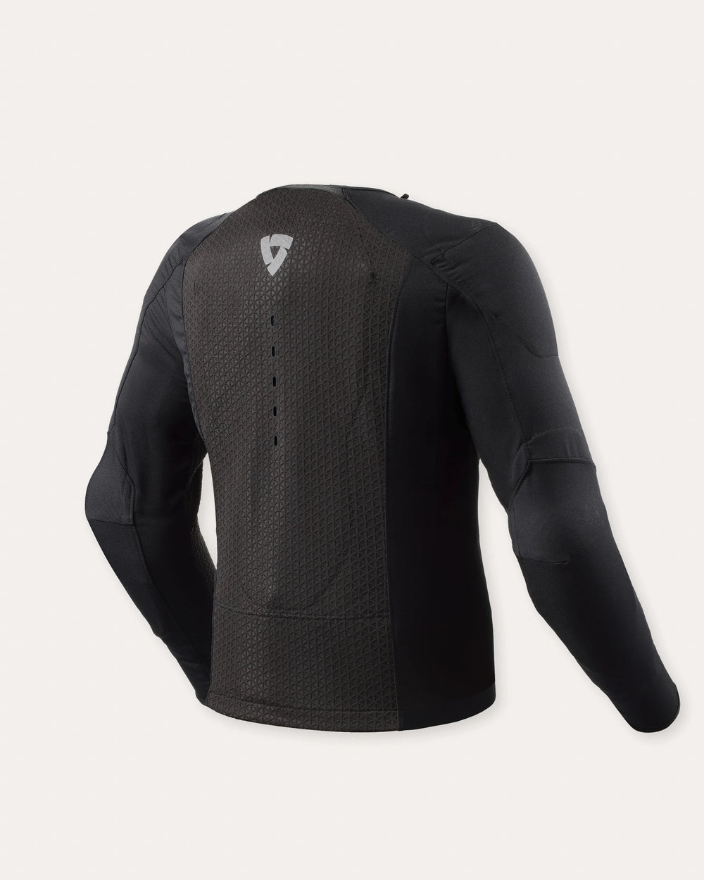 Rear view of REV’IT! Nucleus protector jacket in black with textured back panel and logo
