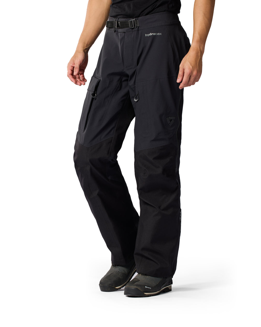 Front view of REV’IT Component 3 H2O motorcycle pants in black being worn