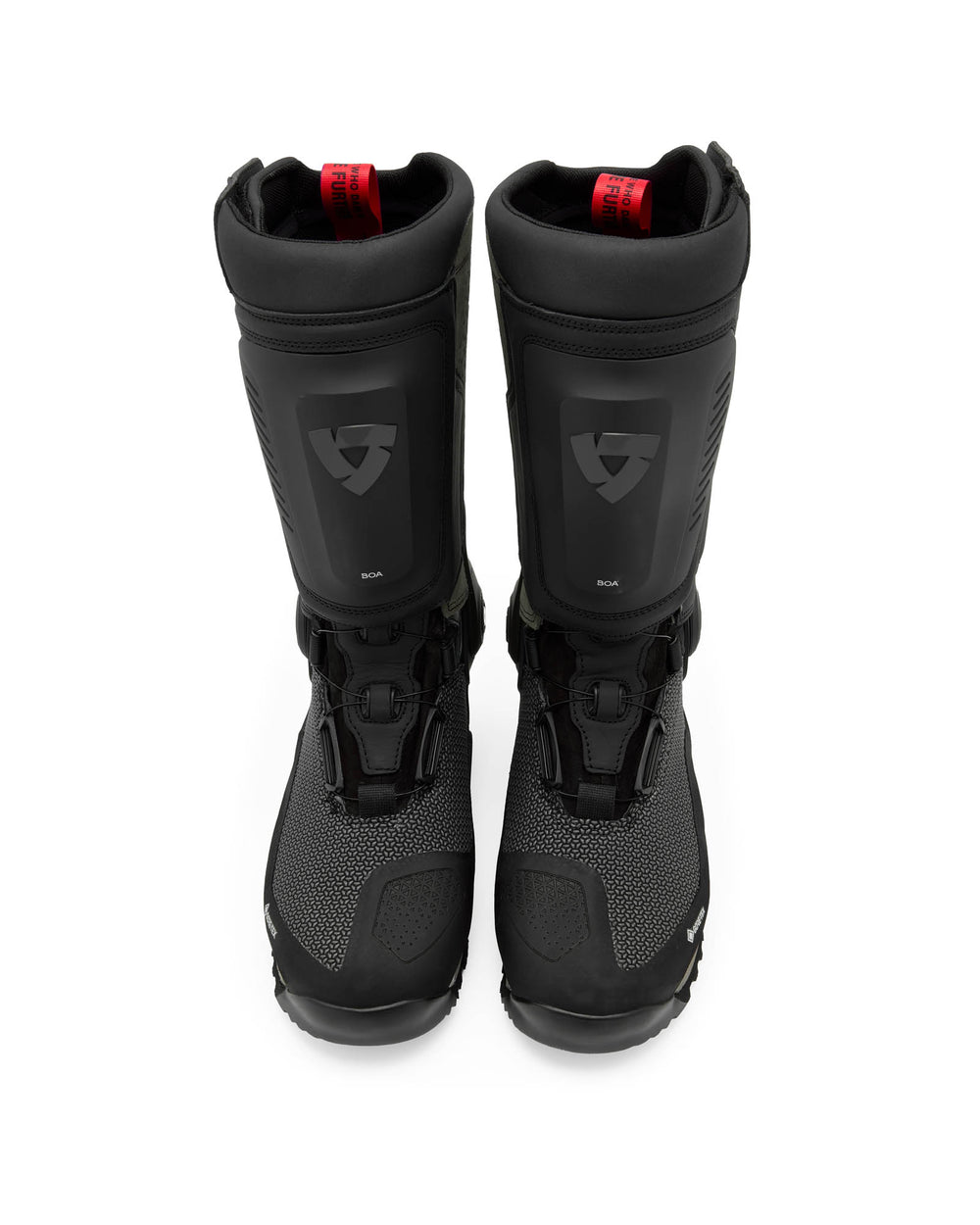 REV’IT! Expedition GTX Motorcycle Boots in black, front view of pair.
