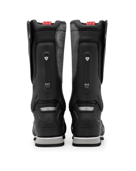 REV’IT! Expedition GTX Motorcycle Boots in black, rear view of pair.
