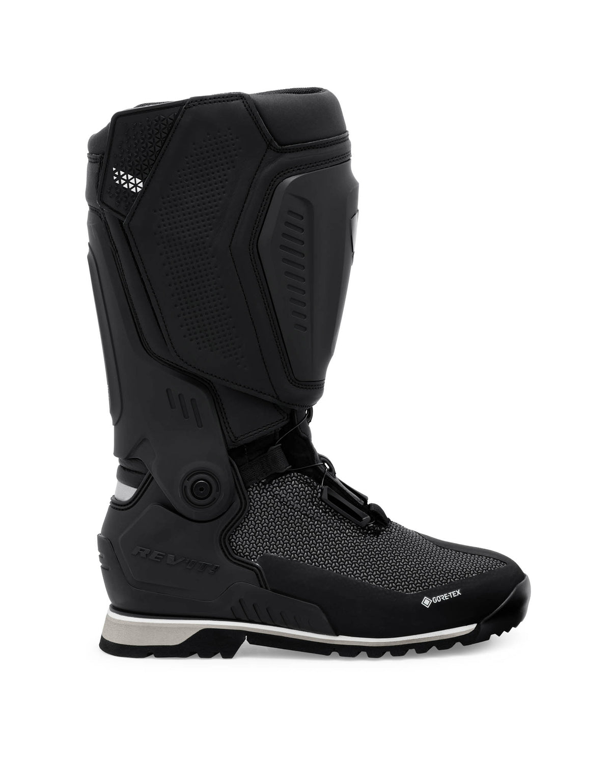 REV’IT! Expedition GTX Motorcycle Boot in black, side profile view.

