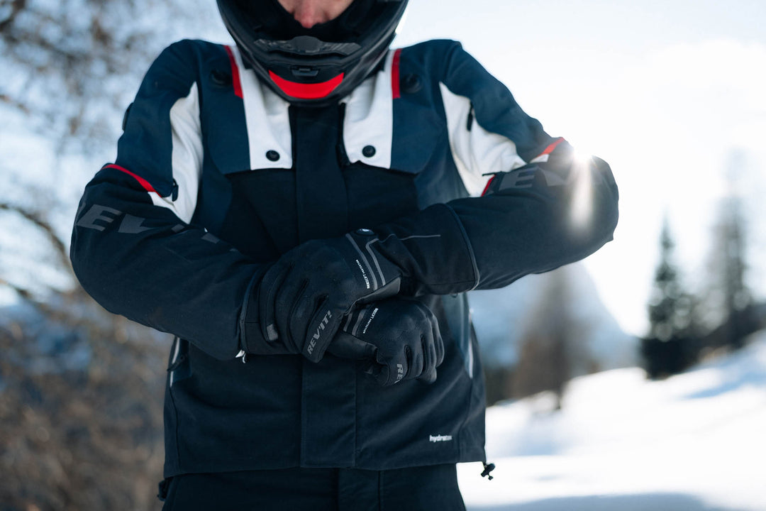REV’IT! Freedom H2O Heated Gloves worn by rider, close-up view