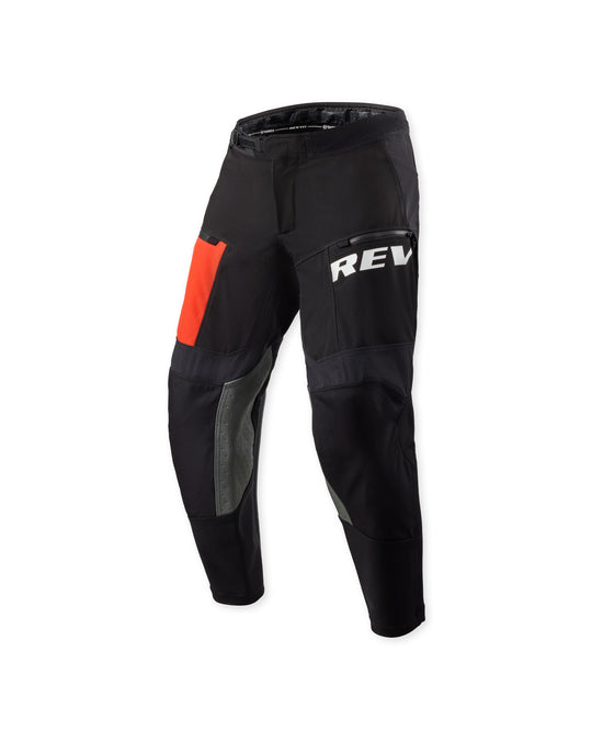 REV’IT! Lejano Motorcycle Trousers in black and red, front three-quarter product view.
