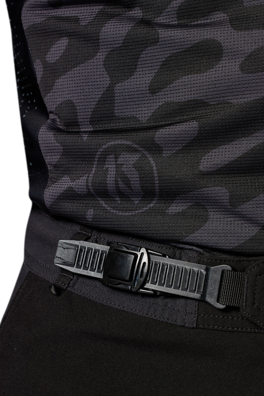 REV’IT! Lejano Motorcycle Trousers in black, close-up waist adjustment strap detail.
